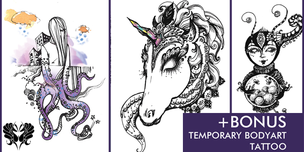 Coloring book by Lana Chromium Volume 1 with temporary bodyart tattoo